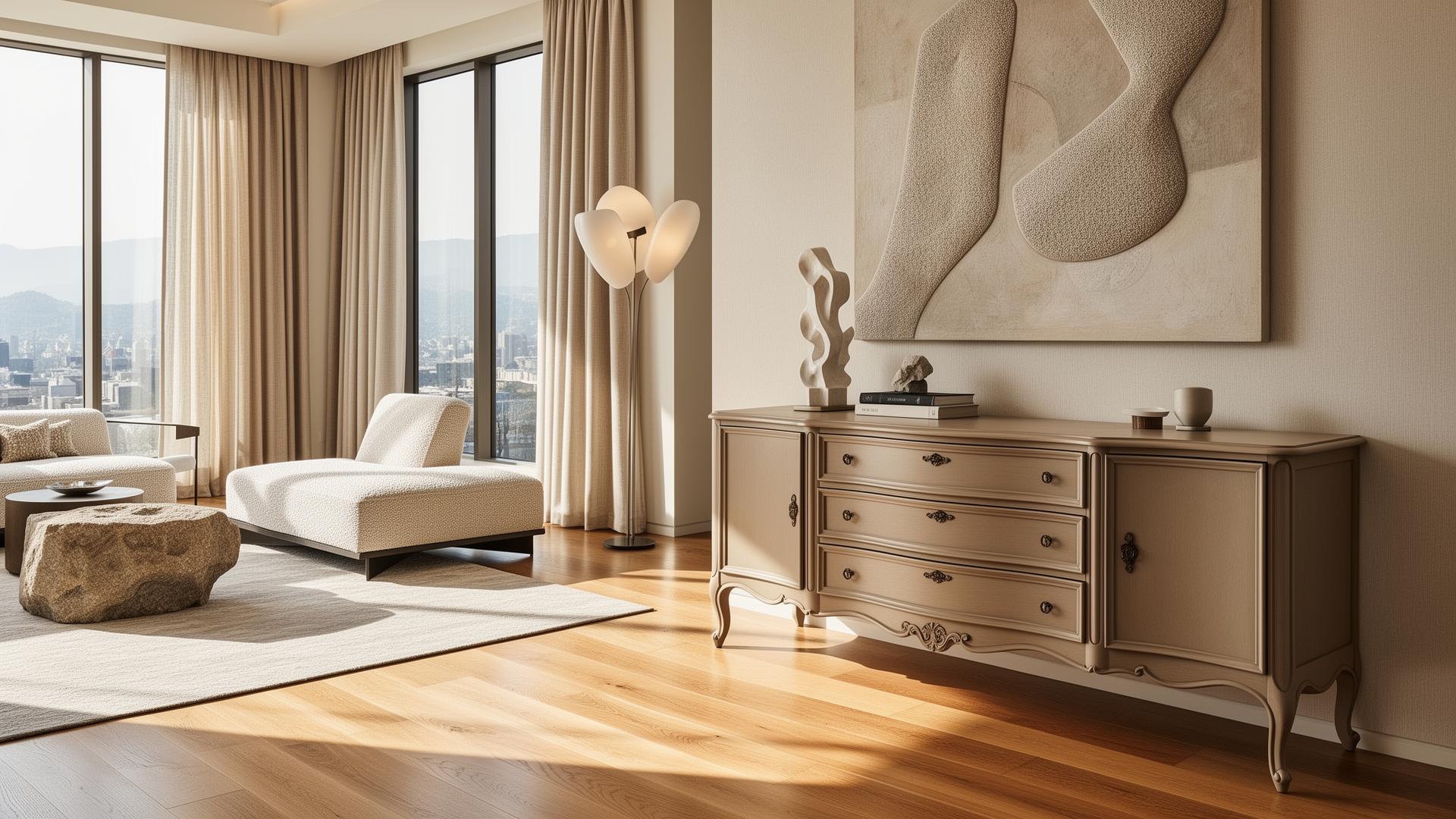 A refinished vintage armoire in cream linen finish styled inside a serene principal bedroom