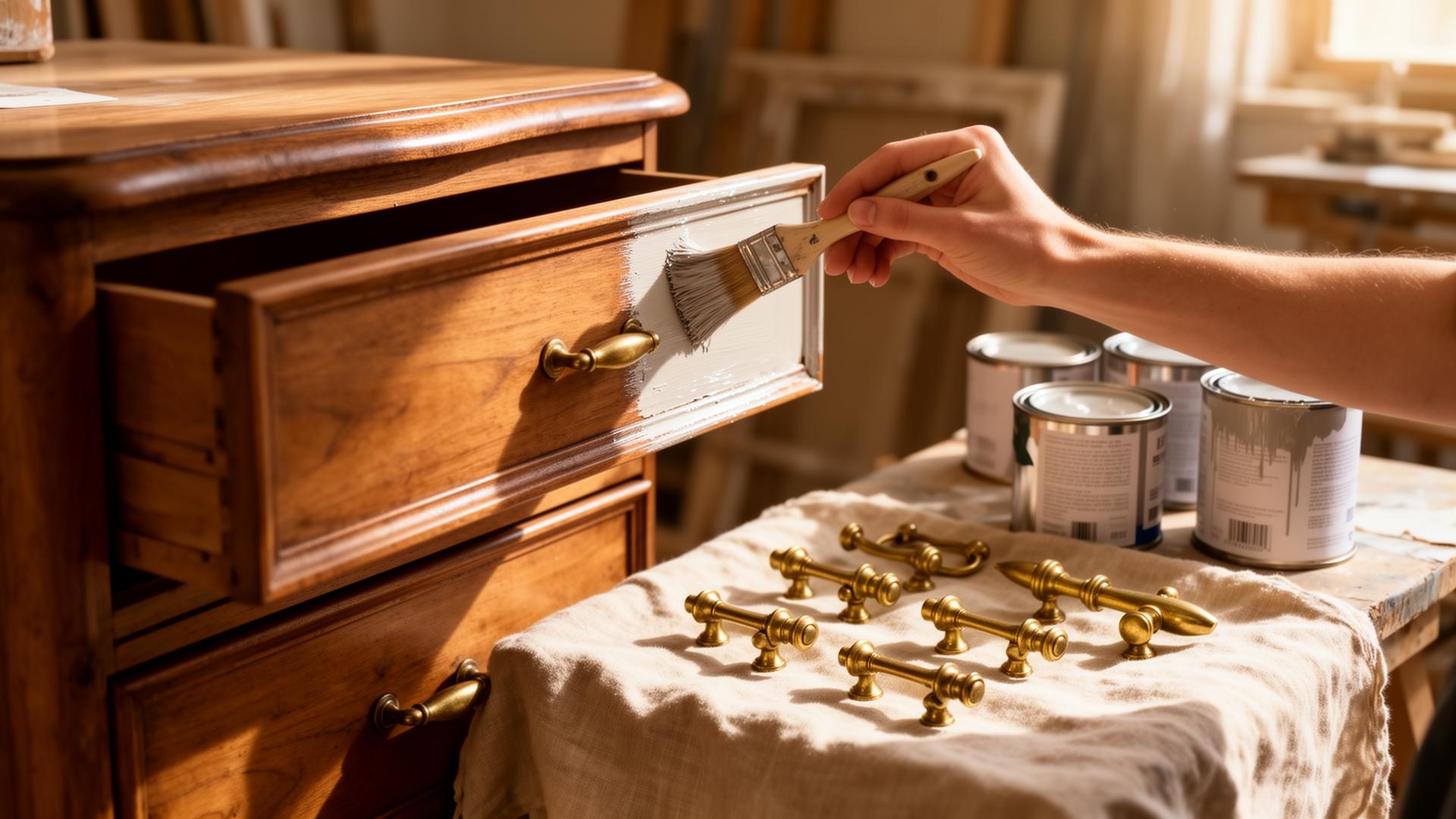 Studio detail of brass hardware and refinished drawer